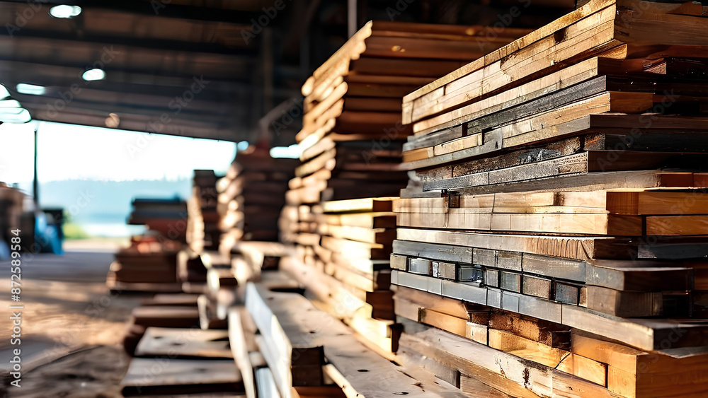 Lumberyard bounty! Stacks of wood planks await their transformation in a bustling sawmill Lumberyard bounty! Stacks of wood planks await their transformation in a bustling sawmill