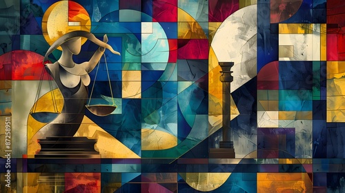 Abstract Lady Justice, scales, and gavel with geometric shapes and bold colors in modern backdrop.