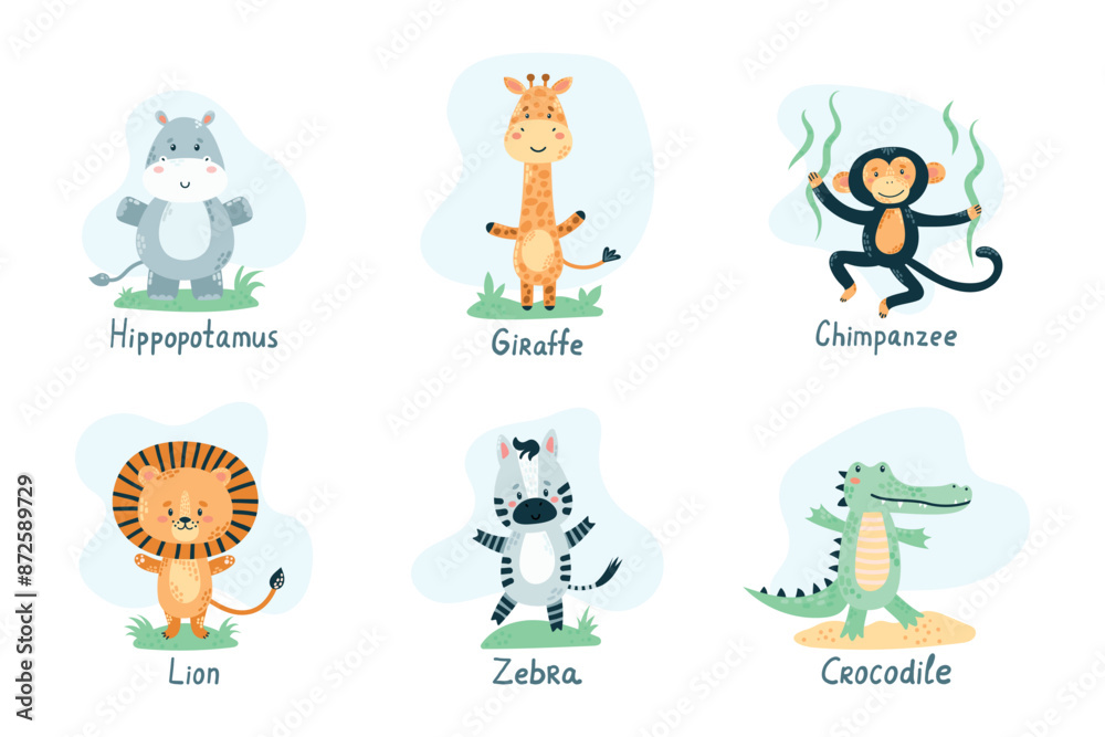 Fototapeta premium Childrens cute animal set. African animals, wildlife. Cute character. Flat vector illustration for children