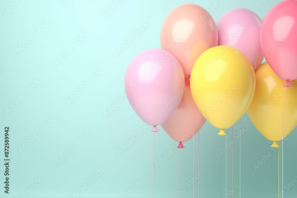 Pastel colored balloons on light blue background. Concept of celebration, party, birthday, happiness, and joy. Pastel colored balloons on light blue background. Concept of celebration, party, birthday, happiness, and joy.