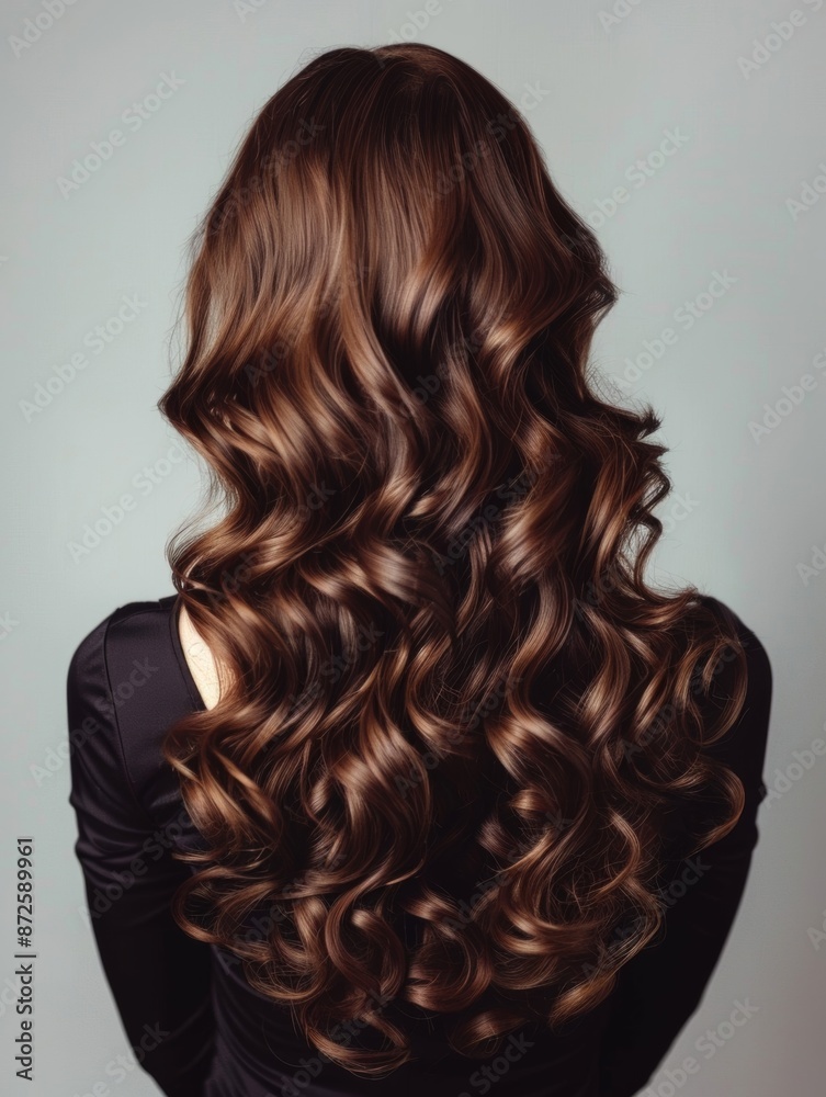 Fototapeta premium A young woman with long, shiny, brown curly hair is seen from behind. This photo shows the elegance and charm of her hair color and texture.