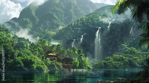 A lush green jungle with a small house and a waterfall in the background, kebumen photo