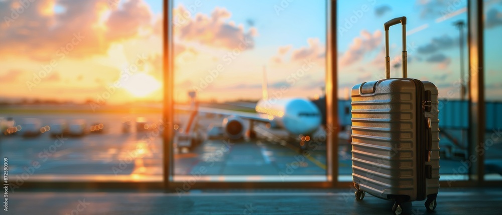 Obraz premium A suitcase stands against the background of an airport window