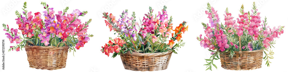 Three woven baskets filled with colorful seasonal flowers arranged beautifully, perfect for home decor or special occasions. transparent background Three woven baskets filled with colorful seasonal flowers arranged beautifully, perfect for home decor or special occasions. transparent background