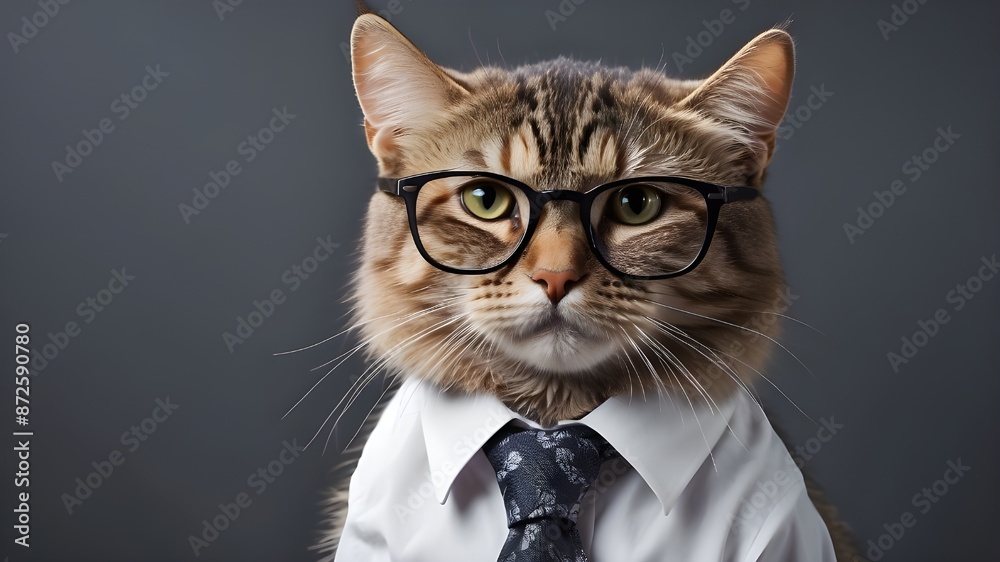 witty cat wearing a tie and spectacles against a gray backdrop. Spectator animal looking at the camera. A unique time filled with enjoyment and style awareness. From an animal's perspective, business witty cat wearing a tie and spectacles against a gray backdrop. Spectator animal looking at the camera. A unique time filled with enjoyment and style awareness. From an animal's perspective, business