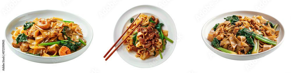 Three plates of delicious stir-fried noodles with vegetables and shrimp, presented on a white background with chopsticks transparent background Three plates of delicious stir-fried noodles with vegetables and shrimp, presented on a white background with chopsticks transparent background