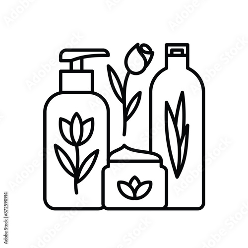 Natural cosmetics line icon - cream, lotion, shampoo. Products for skin and hair care organic herbal ingredients