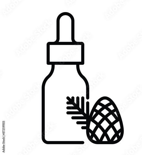 Essential oil line icon. Bottle with dropper, pine needle and cone. Minimalist modern editable icon. Aromatherapy and cosmetology concept.