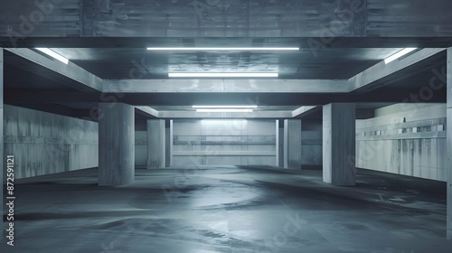 Minimalist interior of concrete garage, futuristic grungy tunnel in modern building. Concept of future, room, abstract hall, background, warehouse
