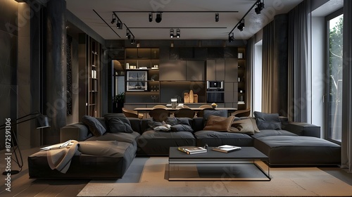 Modern living room interior design in dark gray and brown style