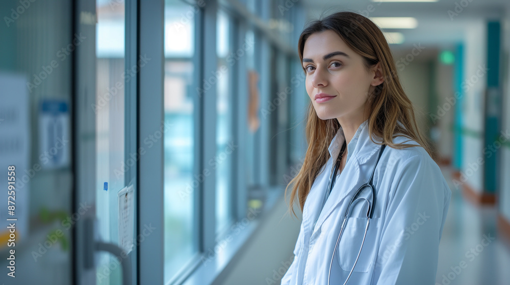 Female doctor stands hospital hallway looks window Female doctor stands hospital hallway looks window