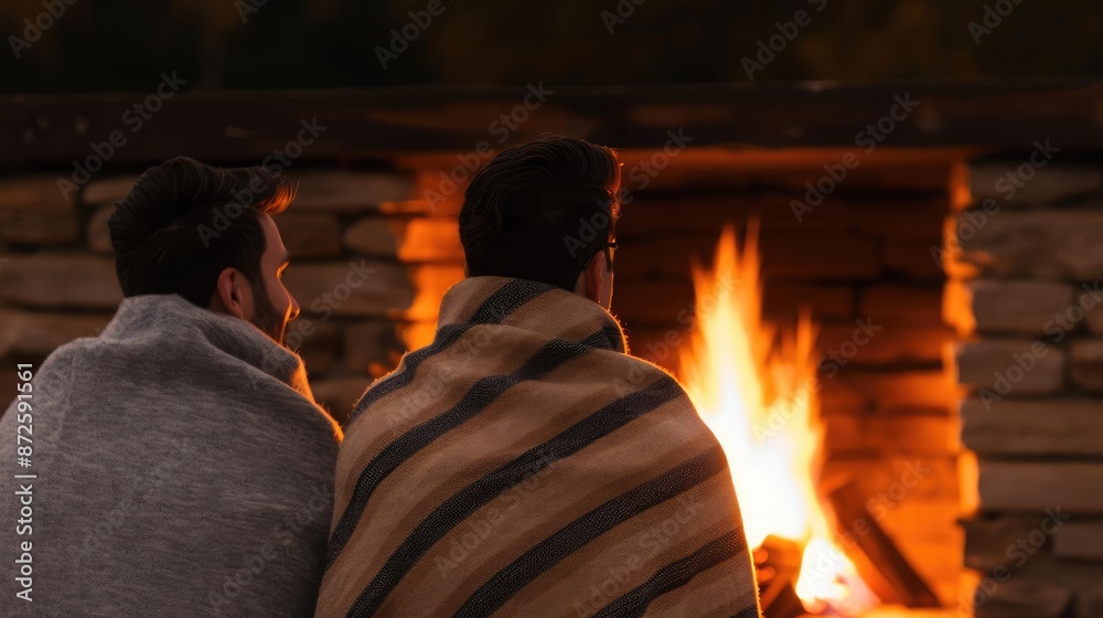 Obraz premium Autumn night with friends gathered by the fireplace, wrapped in cozy blankets, sharing stories and enjoying the warmth