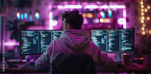 Young Person Working Late at Night on Computer With Pink Lighting