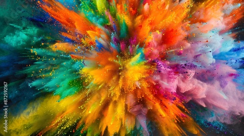 Splash or explosion of multicolored paint on black background, swirl of watercolor or colored powder, abstract pattern of bright colorful water. Concept of spectrum, wide banner, holi  © PSCL RDL
