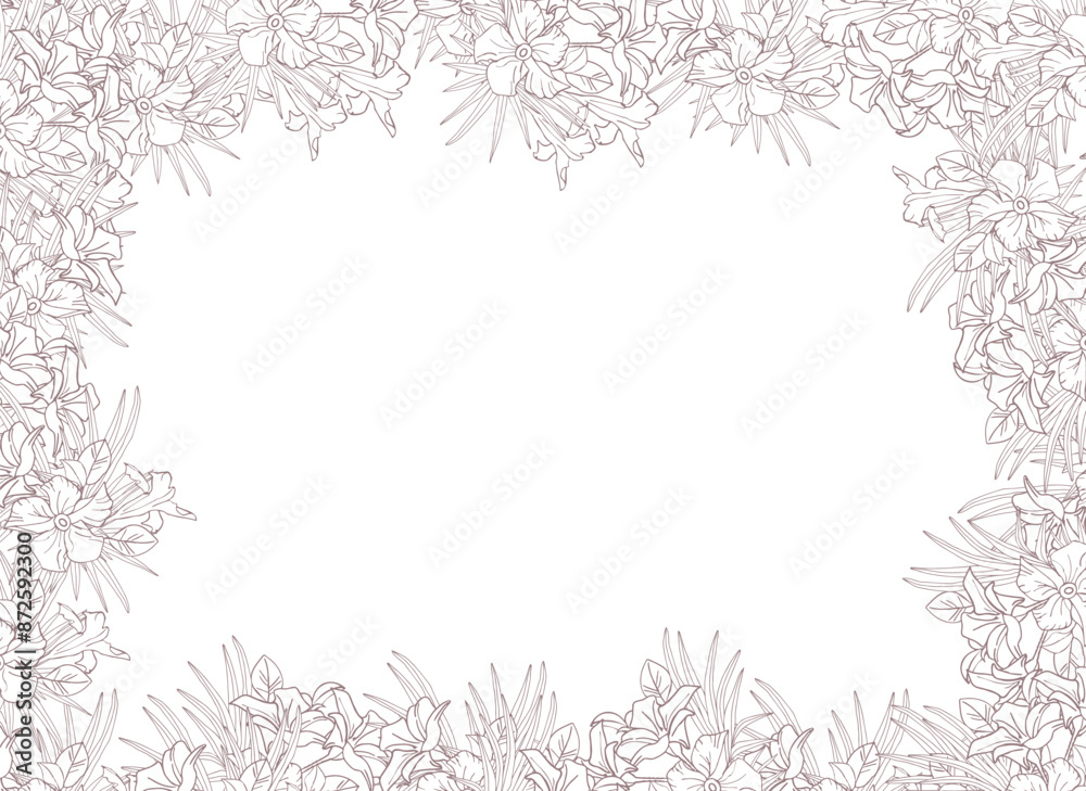 Fototapeta premium Jasmine flower and palm leaves line art frame for card, invite, scrapbook or wallpaper. Delicate tropical flower, vector background