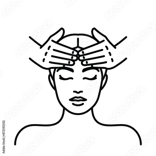 Head massage icon. Women's head and hands of masseur. Female face, neck and shoulders. Cosmetology, relaxation, facial massage. Thin outline, editable strokes