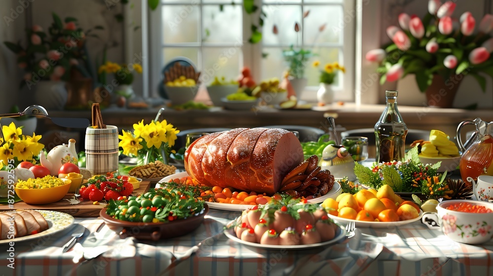 3D render of A table set up with a traditional Easter feast, including ham and side dishes., Photo stock style, clean background, no copyrighted logo, no letters 3D render of A table set up with a traditional Easter feast, including ham and side dishes., Photo stock style, clean background, no copyrighted logo, no letters