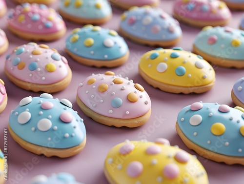 3D render of A close-up of colorful Easter egg cookies on a baking tray., Photo stock style, clean background, no copyrighted logo, no letters © CatNap Studio