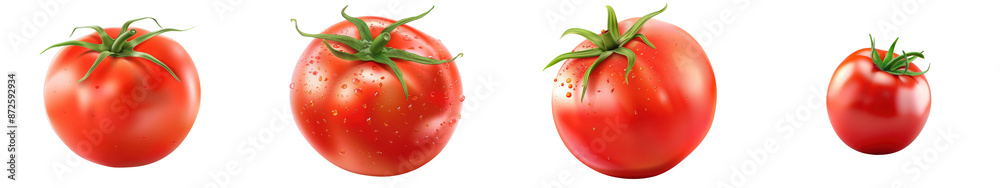 Four fresh tomatoes in varying sizes with green stems, isolated on a white background, showcasing vibrant colors and natural detail. transparent background Four fresh tomatoes in varying sizes with green stems, isolated on a white background, showcasing vibrant colors and natural detail. transparent background