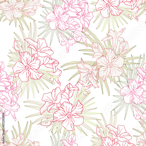 Wallpaper Mural Jasmine flower and palm leaves line art seamless pattern for textile, scrapbook or wallpaper. Delicate tropical flower, vector background Torontodigital.ca
