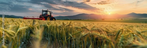 Tractor Working in Golden Wheat Field at Sunset