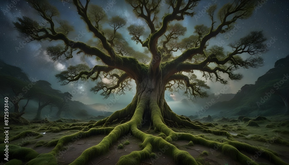 Ancient Tree Reaching into the Cosmos with Celestial Leaves and Glowing Moss Ancient Tree Reaching into the Cosmos with Celestial Leaves and Glowing Moss