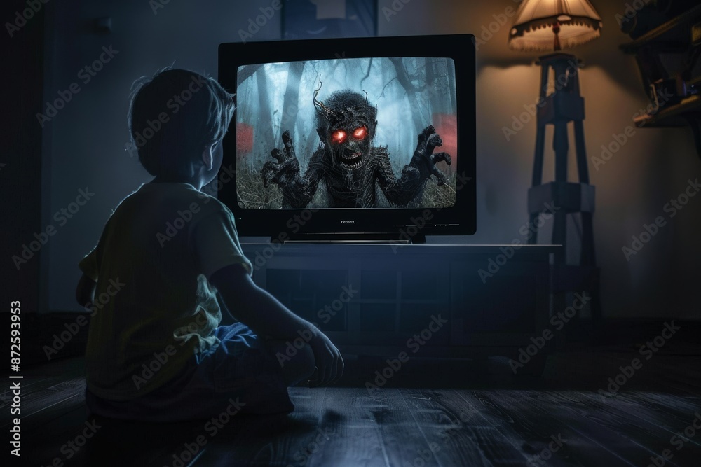 Child seated in front of television, engrossed in a UHD 4K horror film with sharp focus Child seated in front of television, engrossed in a UHD 4K horror film with sharp focus