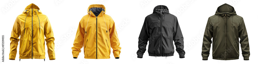 Collection of four waterproof jackets in yellow, black, and green, ideal for outdoor activities and rainy weather protection. transparent background Collection of four waterproof jackets in yellow, black, and green, ideal for outdoor activities and rainy weather protection. transparent background