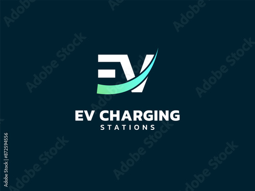 Electric vehicle charging letter EV with curved overlapping Shapes logo vector design concept. Letter EV logotype symbol for Electric Car, EV station, ui, web, ev business, infographic, new technology