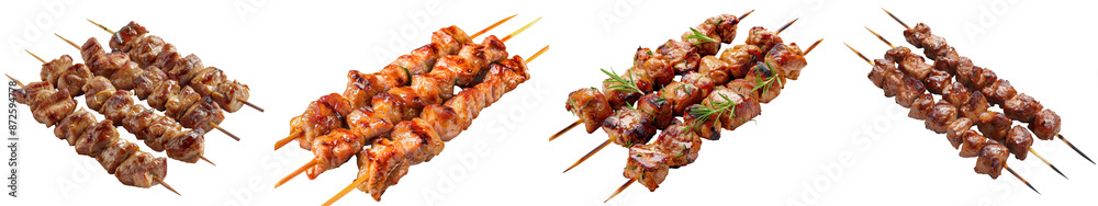Assorted grilled meat skewers featuring a variety of flavors, perfectly charred and ready to be enjoyed, ideal for BBQ or outdoor parties. transparent background Assorted grilled meat skewers featuring a variety of flavors, perfectly charred and ready to be enjoyed, ideal for BBQ or outdoor parties. transparent background
