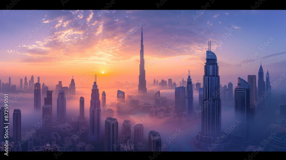 Dubai's stunning skyline at dawn, with its towering skyscrapers and beautiful architecture casting a vibrant glow. Dubai's stunning skyline at dawn, with its towering skyscrapers and beautiful architecture casting a vibrant glow.
