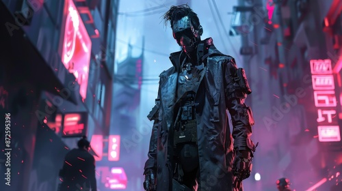 Design a cyberpunk character with a mix of human and robotic features, wearing high-tech gear and a trench coat, standing against a background of futuristic urban chaos.