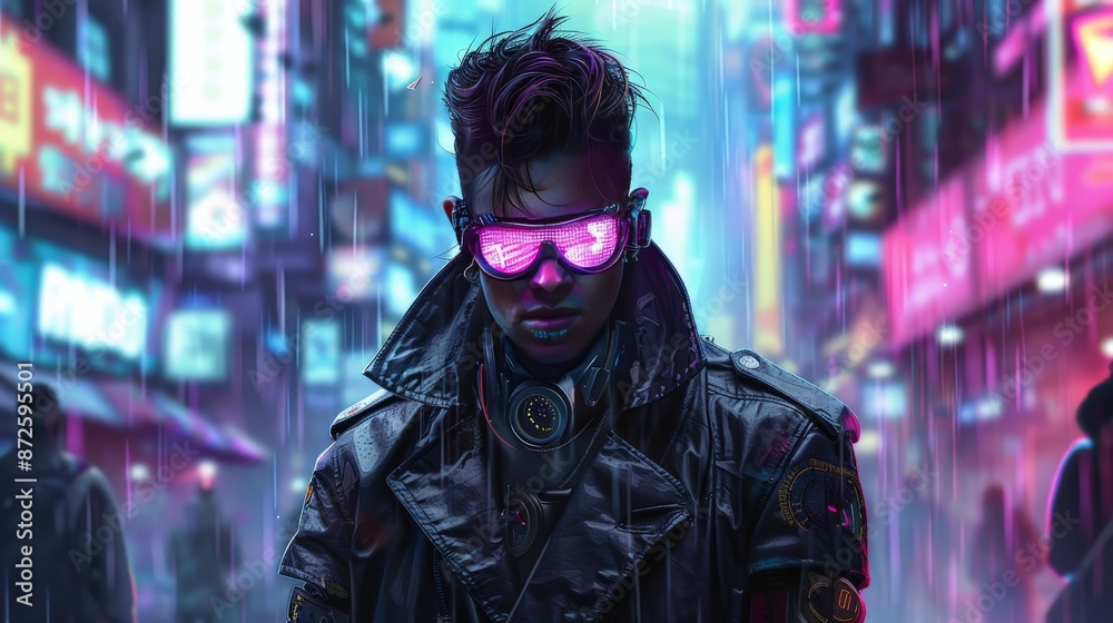 Design a cyberpunk character with a mix of human and robotic features, wearing high-tech gear and a trench coat, standing against a background of futuristic urban chaos. Design a cyberpunk character with a mix of human and robotic features, wearing high-tech gear and a trench coat, standing against a background of futuristic urban chaos.
