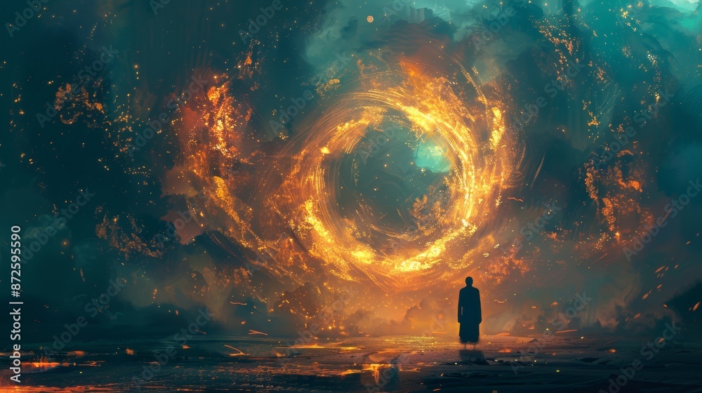 Void ceremony with shadows and fire, fables intertwining in digital art style Void ceremony with shadows and fire, fables intertwining in digital art style