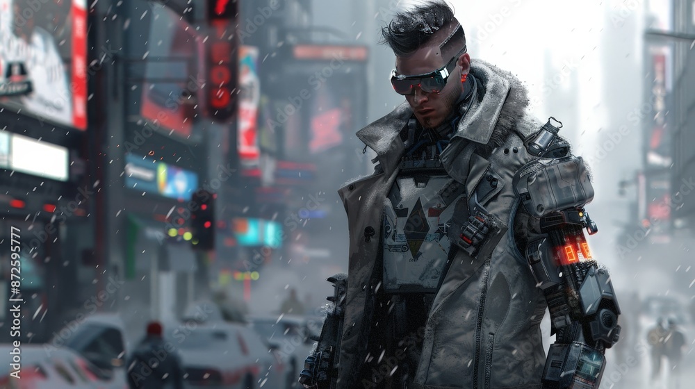 Obraz premium Design a cyberpunk character with a mix of human and robotic features, wearing high-tech gear and a trench coat, standing against a background of futuristic urban chaos.