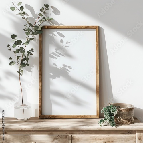 A3 wooden poster frame mockup on a chest of drawers against a white wall great for presenting artwork or photos in a stylish decor