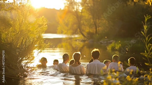Fototapeta Naklejka Na Ścianę i Meble -  Baptism ceremony in a serene river setting, Christian ritual
