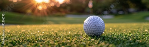Golf Ball on Green Grass With Sunset in Background