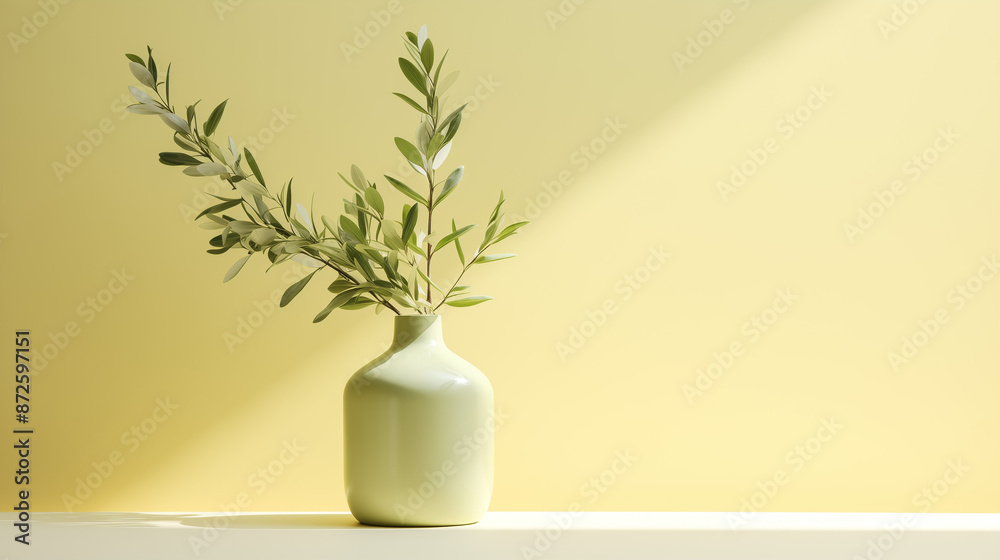 Minimalistic background with a plant. A plant in a pot. Twigs of trees. Gentle combination of colors. Minimalism. Banner. Plant clean background. House decor. Scenery. Minimalistic background with a plant. A plant in a pot. Twigs of trees. Gentle combination of colors. Minimalism. Banner. Plant clean background. House decor. Scenery.