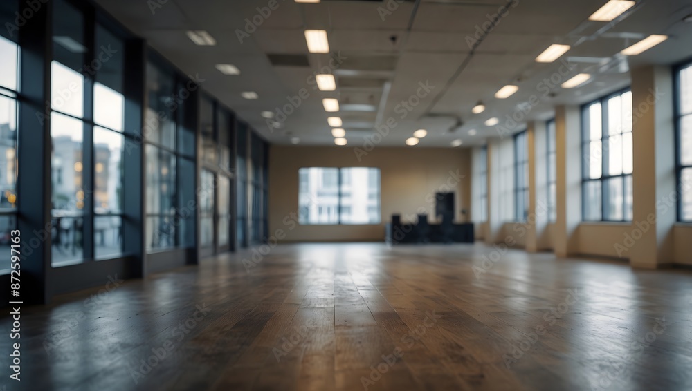 Blurred empty open space office. Abstract light bokeh at office interior background for design Blurred empty open space office. Abstract light bokeh at office interior background for design