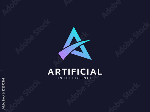 Artificial intelligence with letter A triangles and curved shape technology Analysis logo vector design concept. AI technology logotype symbol for advance technology, tech company, identity, ui, robot