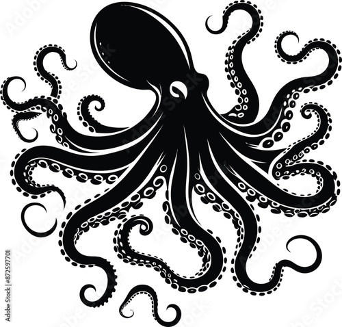 Hand-drawn octopus silhouette vector white background