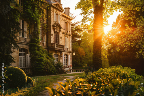 classic French chateau in the countryside. The chateau is surrounded by lush gardens and trees, with the sun setting in the distance