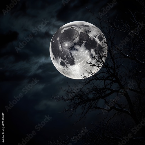 Full moon with silhouette of leafless tree branches. Super full moon with branches of dead tree at twilight