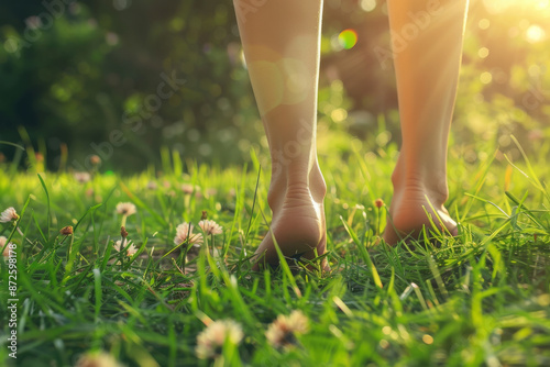 The barefoot steps on soft grass with the sun casting a gentle glow create a scene of nature's simplicity and the essence of grounding oneself outdoors.