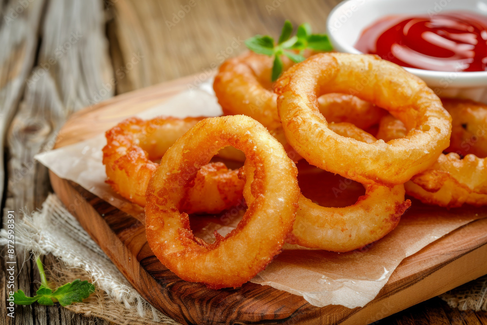 Golden, crispy onion rings served with a small bowl of ketchup on a rustic wooden board, creating an appetizing and inviting snack scene. Golden, crispy onion rings served with a small bowl of ketchup on a rustic wooden board, creating an appetizing and inviting snack scene.
