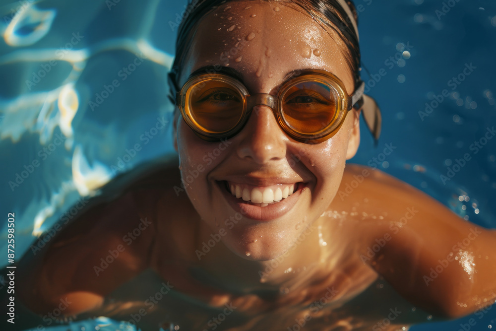 Naklejka premium A person joyfully swimming in a pool, wearing orange-tinted goggles, their face beaming with a broad smile and playful water droplets sparkling around.