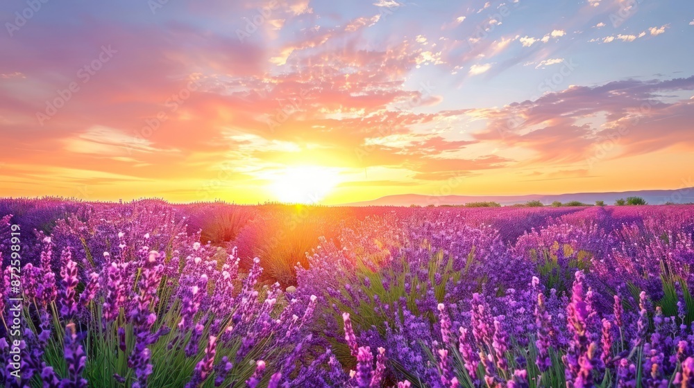 A field of lavender flowers with a beautiful sunset in the background A field of lavender flowers with a beautiful sunset in the background