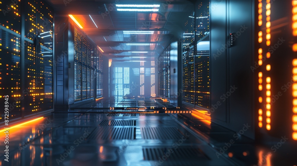 Futuristic Server Room Corridor with Blue and Orange Lights - 3D Render Futuristic Server Room Corridor with Blue and Orange Lights - 3D Render