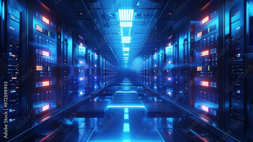 Futuristic Server Room Corridor with Neon Lights - 3D Render Futuristic Server Room Corridor with Neon Lights - 3D Render